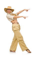 Pretty woman in beige trousers isolated on white