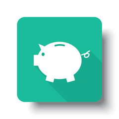 Flat white Piggy Bank web icon on green button with drop shadow