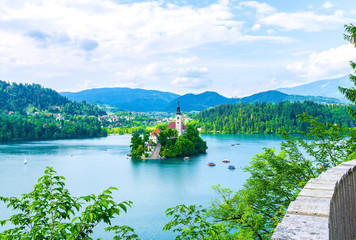 Fototapeta premium Beautiful island Bled in spring time surrounded by alps, Slovenia, Europe 