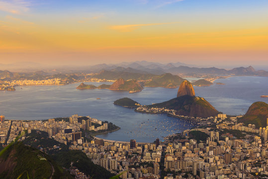 Sunset view of mountain Sugar Loaf and Botafogo. Rio de Janeiro