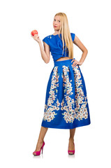 Woman in long blue folral dress isolated on white