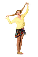 Naklejka premium Tall caucasian model in yellow blouse isolated on white