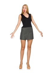 Blond hair model wearing gray skirt isolated on white