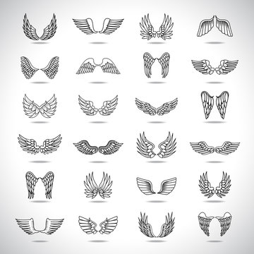 Wings Icons Set-Isolated On Gray Background-Vector Illustration,Graphic Design.For Web, Websites, App, Print, Presentation Templates, Mobile Applications And Promotional Materials.Different Old Shape