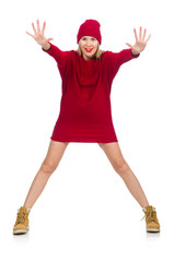 Pretty girl in red dress isolated on white
