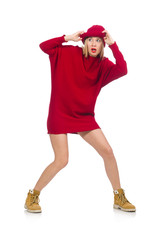 Pretty girl in red dress isolated on white