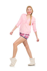 Pretty smiling girl in pink jacket isolated on white