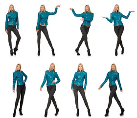 Pretty woman in blue leather jacket isolated on white