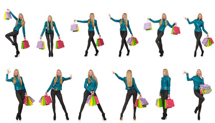 Woman with shopping bags isolated on white