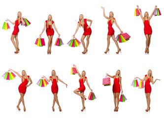 Woman with shopping bags isolated on white