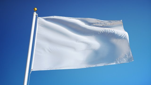 Empty white clear flag waving in slow motion against blue sky, seamlessly looped, close up, isolated on alpha channel with black and white luminance matte, perfect for film, news, digital composition