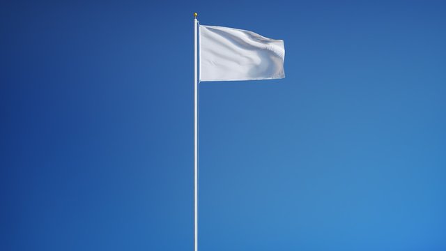 Empty white clear flag waving in slow motion against blue sky, seamlessly looped, long shot, isolated on alpha channel with black and white luminance matte, perfect for film, news, digital composition
