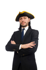 Young businessman wearing tricorn isolated on white