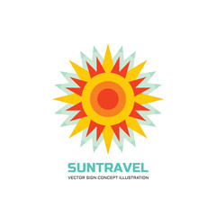 Sun travel - vector logo concept illustration in flat design style. Sun logo sign. Sunshine logo. Vacation logo sign. Summer logo sign. Travel agency logo. Tropical logo. Vector logo template. 