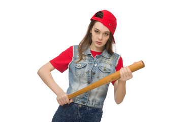 Pretty girl holding baseball bat isolated on white