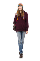 Smiling student with backpack isolated on white