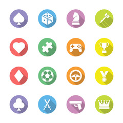 colorful flat game icon set on circle with shadow for web design, user interface (UI), infographic and mobile application (apps)