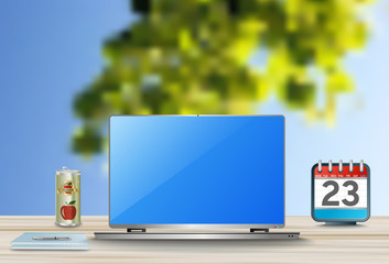 Sunny day and a laptop with a view of nature