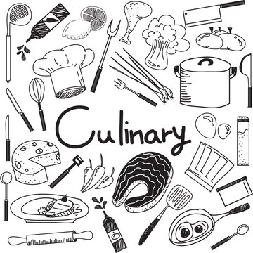 Culinary and cooking handwriting doodle of food ingredients and kitchen tools icon in white isolated background paper for education presentation or subject title, create by vector

