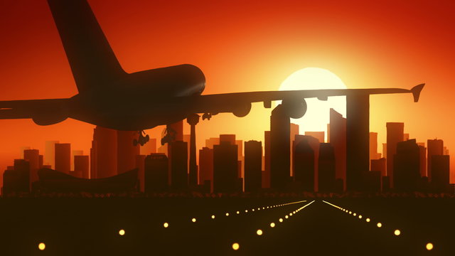 Calgary Canada Airplane Landing Skyline Golden Background 
