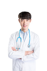 Fototapeta premium isolated young man doctor in white on white background