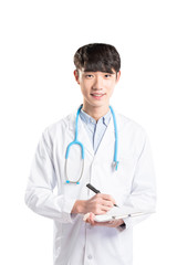Fototapeta premium isolated young man doctor in white on white background