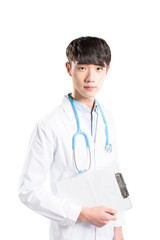 Fototapeta premium isolated young man doctor in white on white background