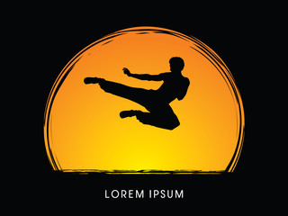 Kung fu, Karate jump kick, designed on moonlight background graphic vector.