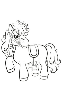Coloring pages. Little cute pony standing on the field and smiling.