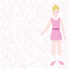 Cute girl on The background for girl. Pink background with cute items for child. Blond girl in dress.