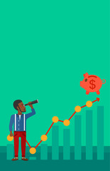 Man looking through spyglass at piggy bank.