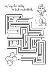 Maze game for kids with monkey and dumbbells.