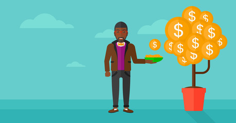 Man catching dollar coins.