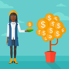 Woman catching dollar coins.