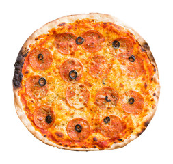 Salami pizza isolated on white