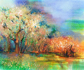 Obraz na płótnie Canvas Abstract colorful landscape painting. Oil painting mix watercolor technique on paper. Semi- abstract image of tree and field in yellow and red with blue sky. Spring season nature background
