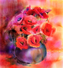 Fototapeta premium Watercolor painting Still life of red and pink color flower. Colorful Bouquet of poppy flowers in vase