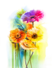Fototapeta premium Abstract flowers watercolor painting. Hand paint still life of Yellow, Pink and Red color daisy- gerbera floral in soft color on white yellow, green color background. Spring flower nature background