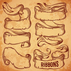Vintage ribbons set. Vector illustration. Victorian style. Place for text message.Retro hand drawn design elements collection on aged paper.