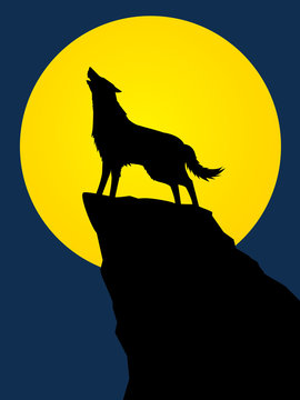 Wolf howling, designed using silhouette on moonlight background graphic vector.