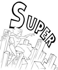 Cartoon hand drawn illustration of a flying super lady