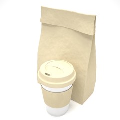 Coffee to go and lunch bag, on white.