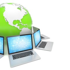 Laptop network around earth globe. 3d render