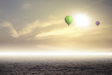 Colorful hot air balloon high in the sky