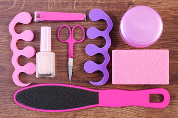 Cosmetics and accessories for manicure or pedicure, concept of foot, hand and nail care