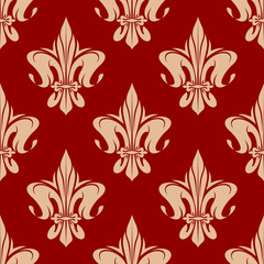 Seamless fleur-de-lis pattern with elegant pale orange leaves compositions of french royal lily over red background. May be use as vintage wallpaper or textile design