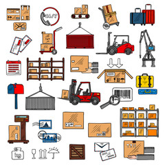 Storage and shipping icons with storage racks, forklift and hand trucks, crane and calendar,  scales and conveyor with packages and letters, barcode and packaging signs, mailbox and hands with box