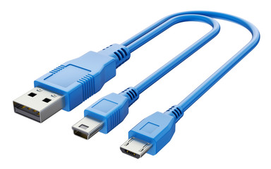 Blue USB plugs (Micro-B, Mini-B, Standard-A) on white background