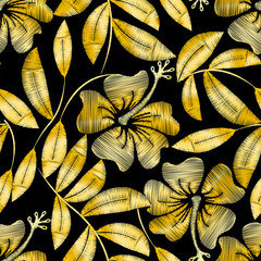 Fototapeta na wymiar Tropical gold embroidery hibiscus plant in a seamless pattern