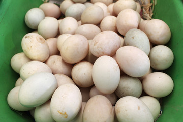 Duck egg in the basket, selling at the local weekend market